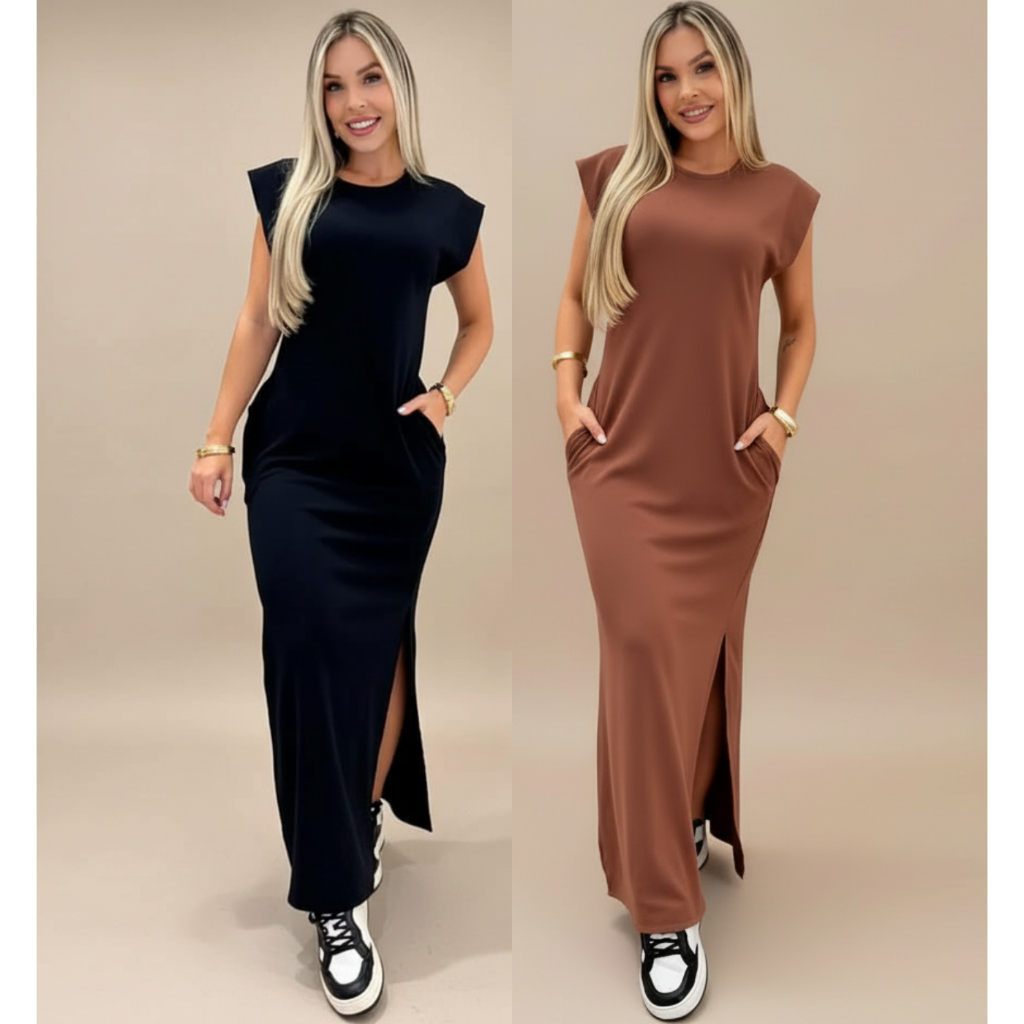 Vestido Longo Feminino Gestante Canelado Ribana Muscle Com Bolso Fenda Lateral Casual Plus Size