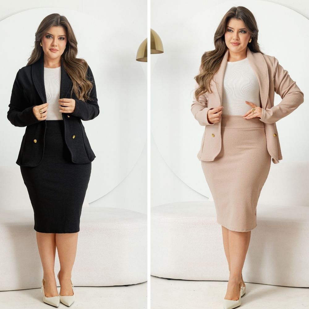 Conjunto Feminino Elegante em Malha Crepe Blazer Acinturado com Botões Decorativos e Saia Midi Moda Executiva CEO Social