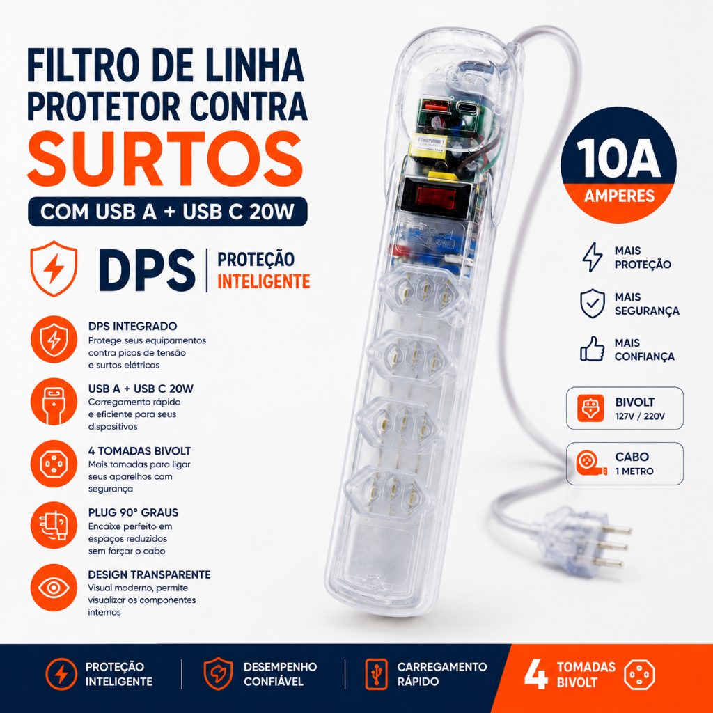 Filtro de Linha 4 tomadas DPS protetor contra surtos Bivolt USB A+C 20W 90 Graus 1 metro 10 amperes