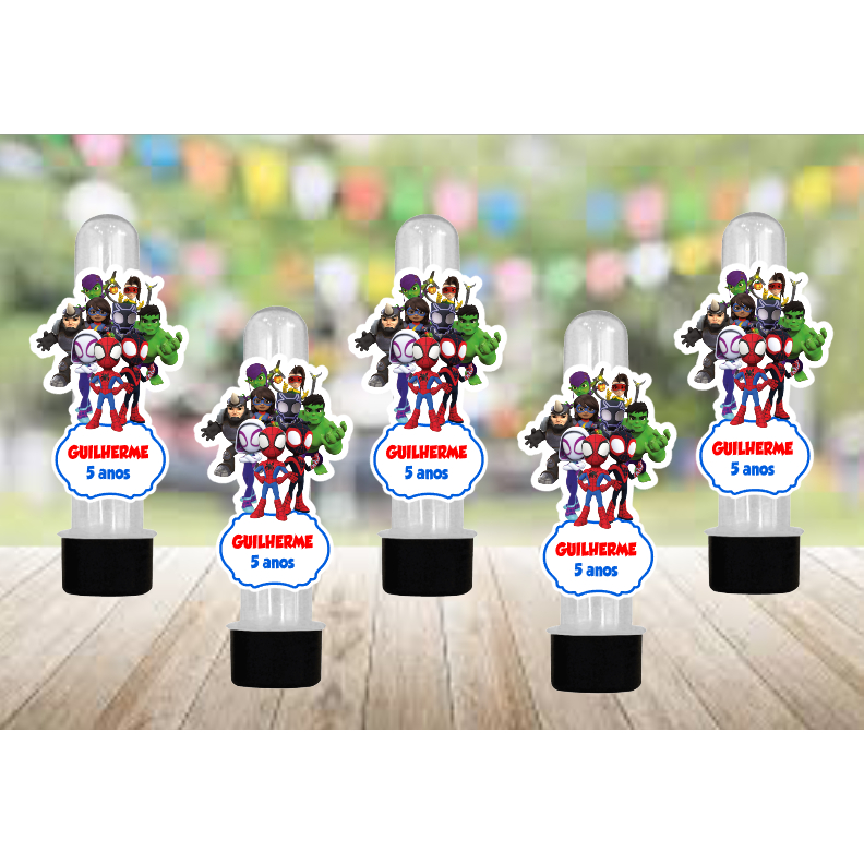 Apliques tubetes HOMEM ARANHA E SEUS AMIGOS Lembrancinha para festas infantis - Apliques personalizados com NOME E IDADE