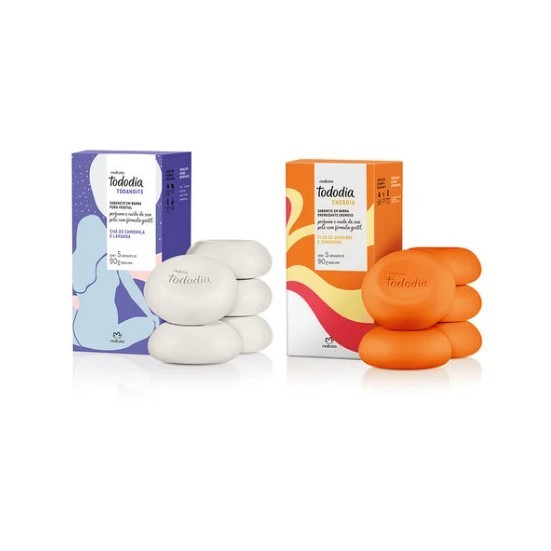 KIT COM 2 CAIXAS SABONETES EM BARRA NATURA TODODIA 5 UN DE 90 GRS , SORTIDOS, HIDRATAÇÃO E PERFUME PARA SUA PELE.