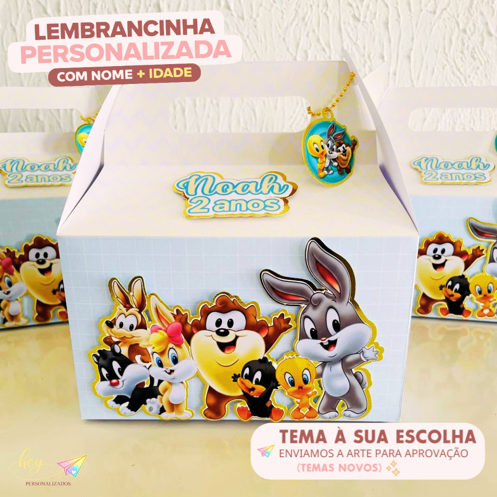 Lembrancinha looney tunes baby Personalizada | Caixa Maleta | Nome e Idade | Festa Escolar | Aniversário Infantil