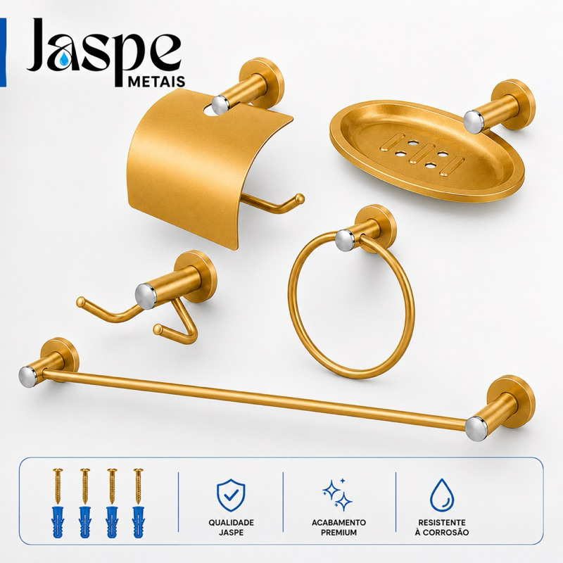 Kit Banheiro Dourado 5 Peças Stander Inox Porta Toalha Saboneteira Papeleira Gancho