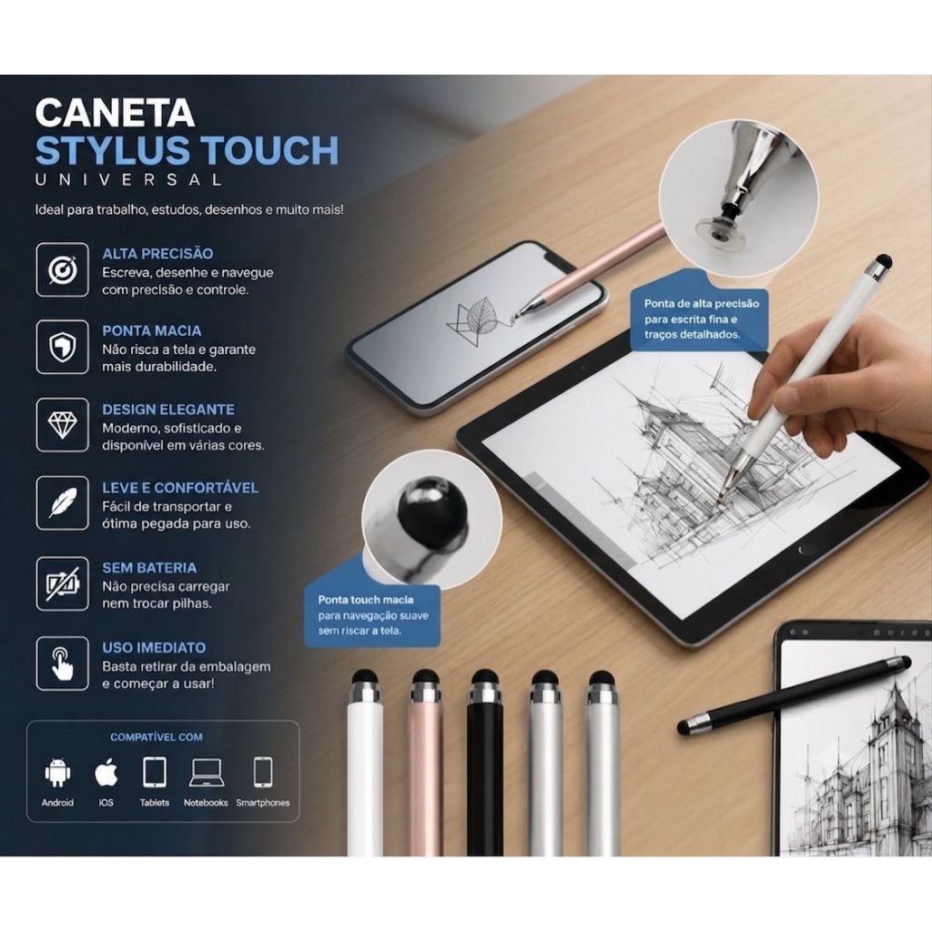 Caneta Stylus 2 em 1 Universal com Duas Pontas –Toque e Escrita Suave ,para Celular, Tablet