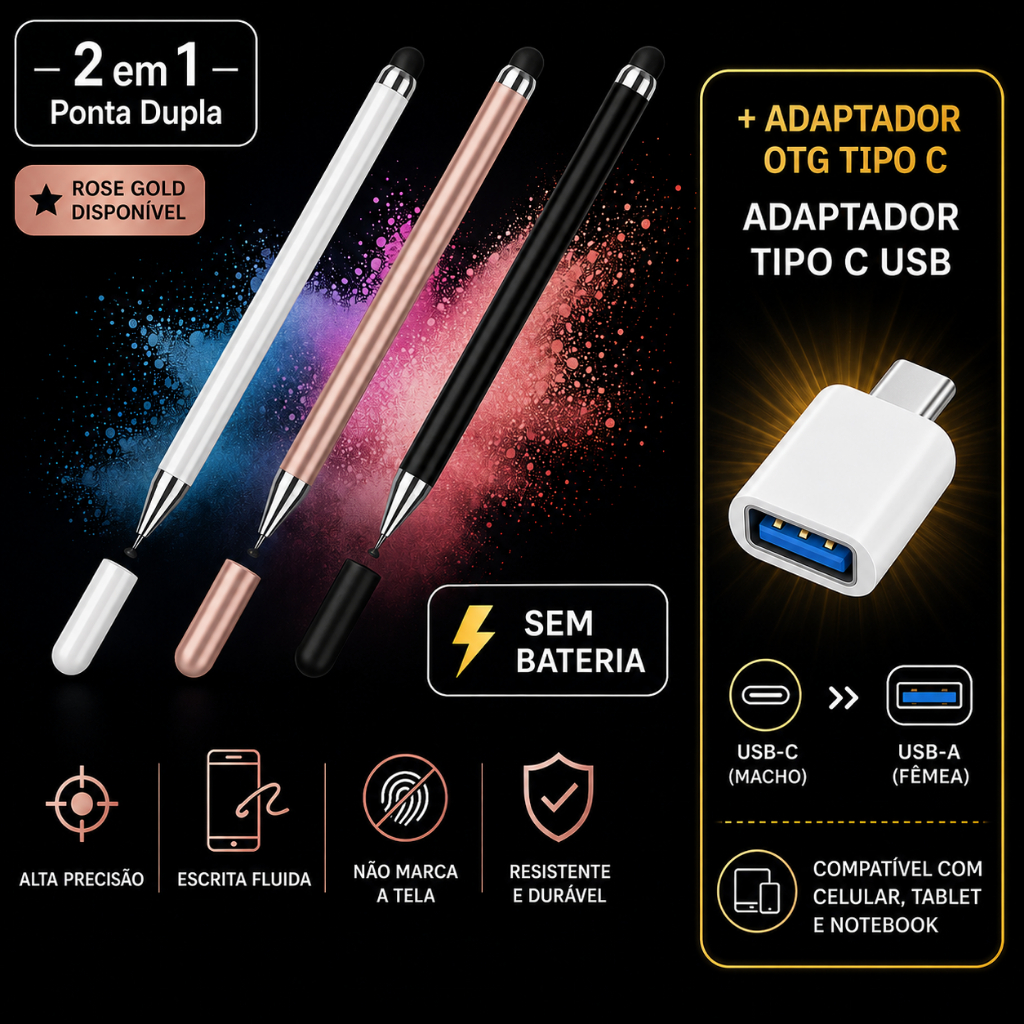 Caneta Touch Stylus Universal 2 em 1 Tela Tablet Celular Alta Precisão Ponta fina Precisão
