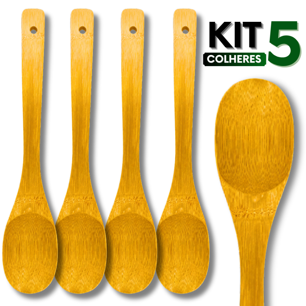 Kit 5 Colher de Bambu 30 cm para Cozinhar Madeira Natural Cozinha Residencial