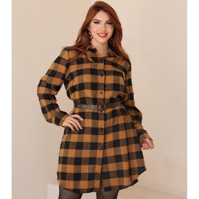 vestido camisão chemise flanelado xadrez com botões manga longa