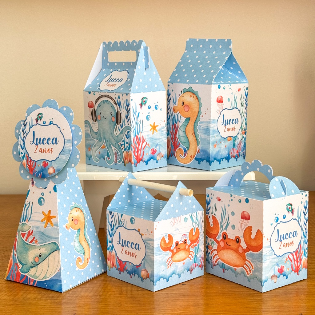 Caixinhas Personalizadas para Aniversário Fundo do mar | Kit Festa | Lembrancinhas Personalizada caixa milk, piramide