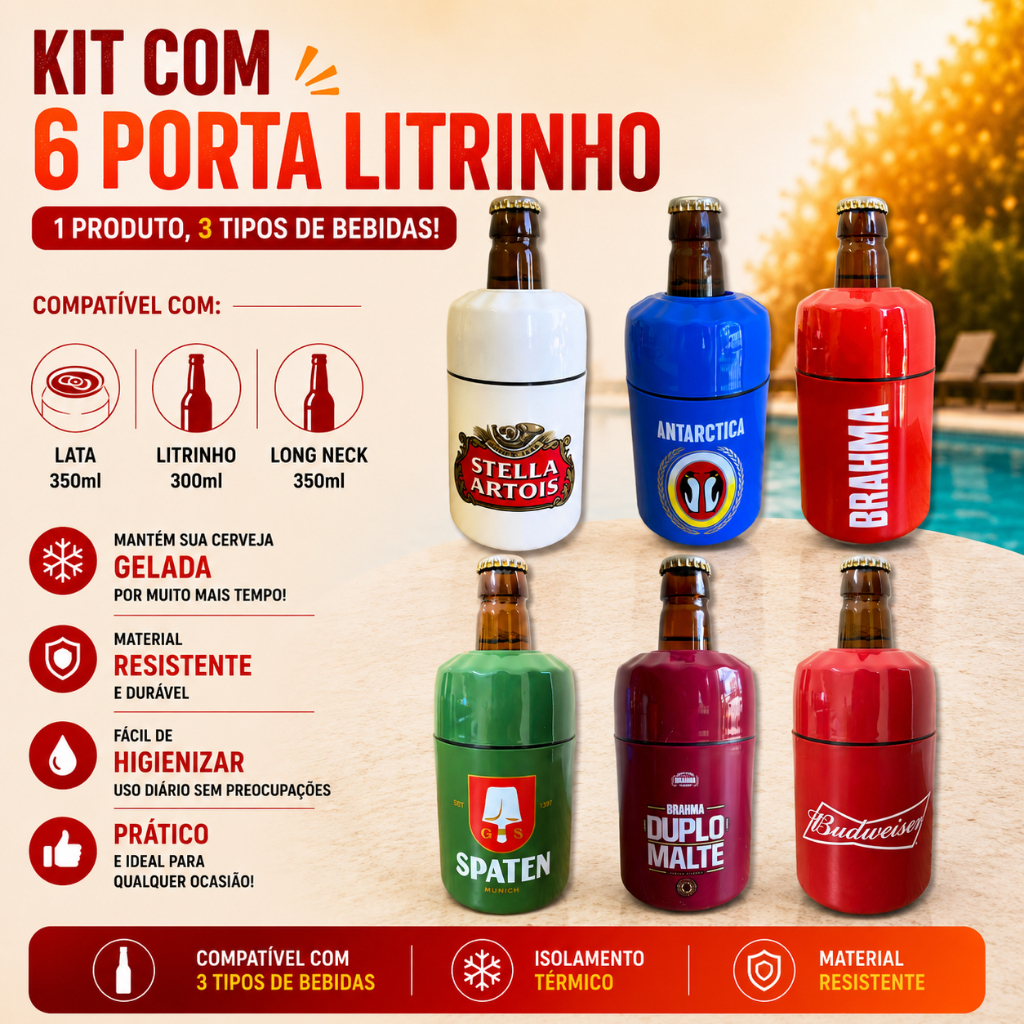 Kit 6 Porta Litrinho 300ml Suporte Lata 350ml Camisinha Cerveja Térmico marcas