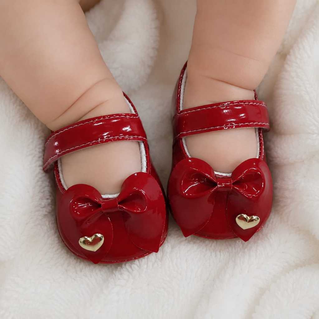 Sapatilha Infantil Para Bebes VERNIZ Sapatilha Menina Laço Coração Sapatinhos Batizado Coração Macio