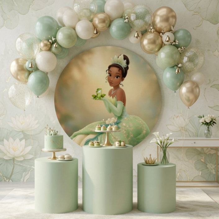 Capa Festiva Painel Redondo Trio Cilindro Princesa Tiiana Decoração Festa Infantil Novidade Bibi