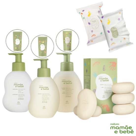 NATURA MAMÃE E BEBÊ SHAMPOO, CONDICIONADOR, COLÔNIA, LENÇO UMEDECIDO, SABONETE LÍQUIDO OU EM BARRA.