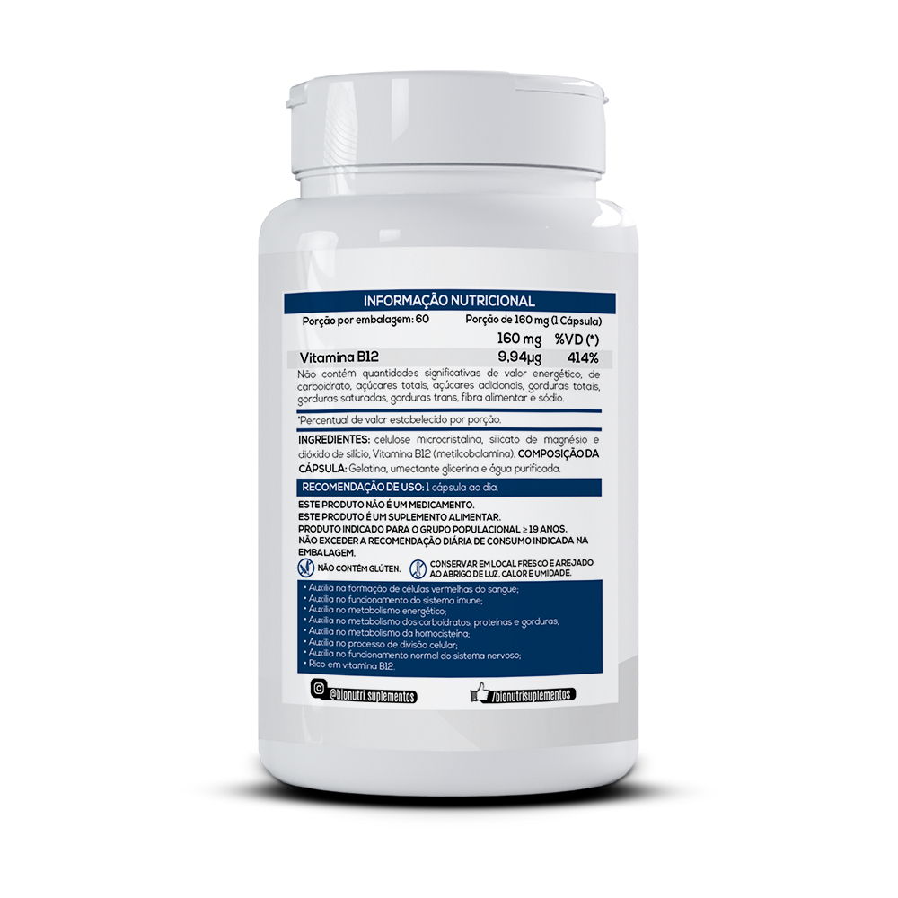 Detalhes do Kit 2x Vitamina B12 (Metilcobalamina 414% VD) 60 Cápsulas 500mg - Bionutri
