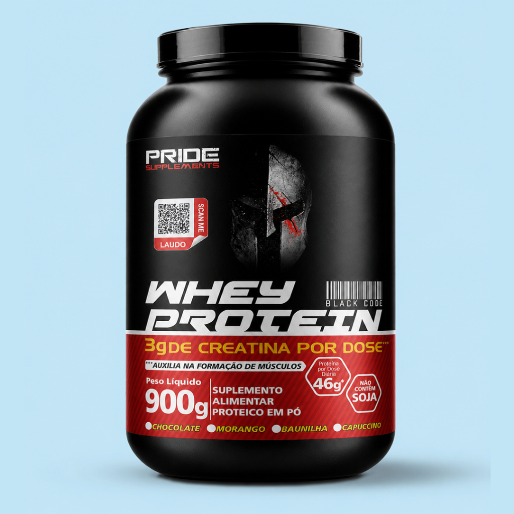 Whey Protein Pride Supplements 900g 46g Proteína* 3g Creatina Sem Soja Sabores Chocolate Morango Baunilha
