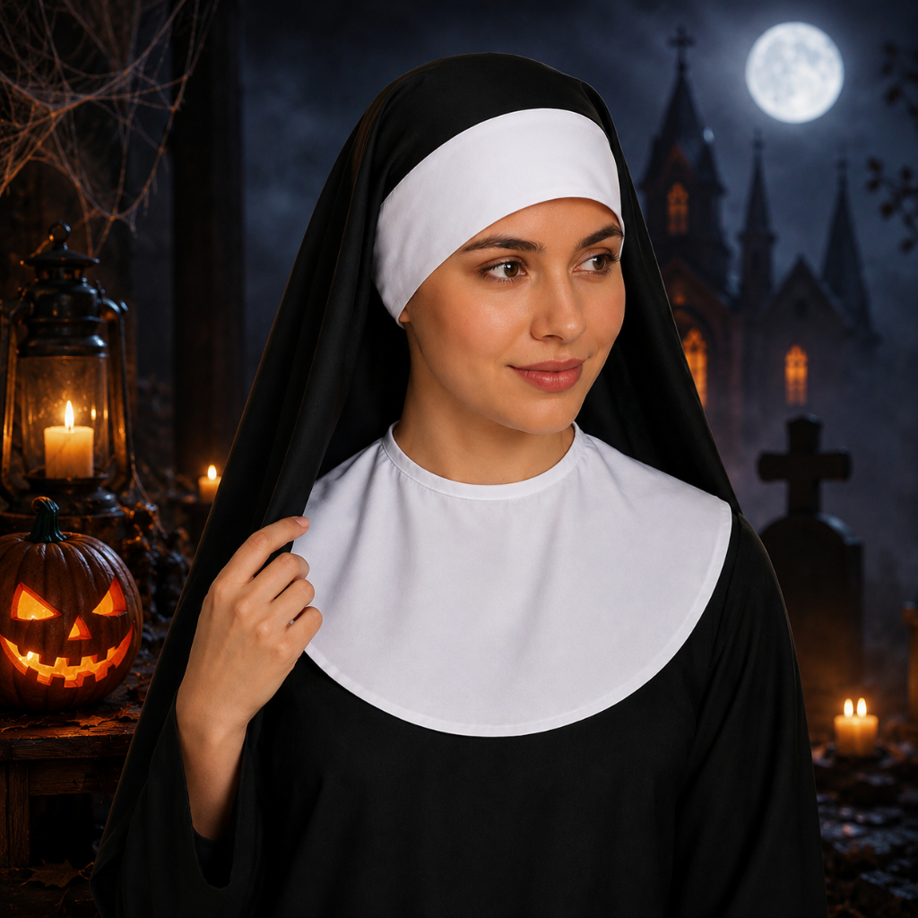 Kit Conjunto 2 peças com Capuz de Freira Véu Gola Fantasia Halloween Festa Cosplay