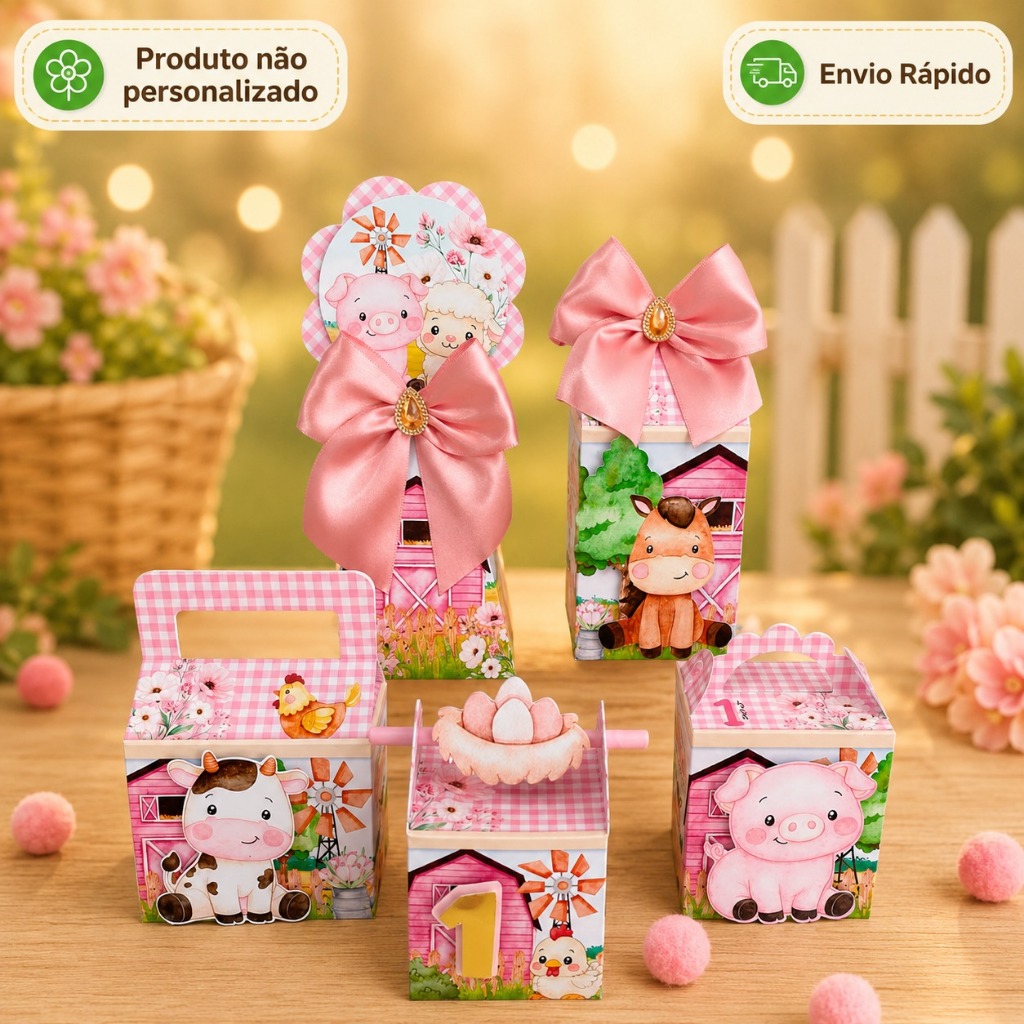20 caixinhas | tema Fazendinha Rosa | embalagens e lembrancinhas para aniversário(PEGUE E MONTE) — imagem 2 de 2