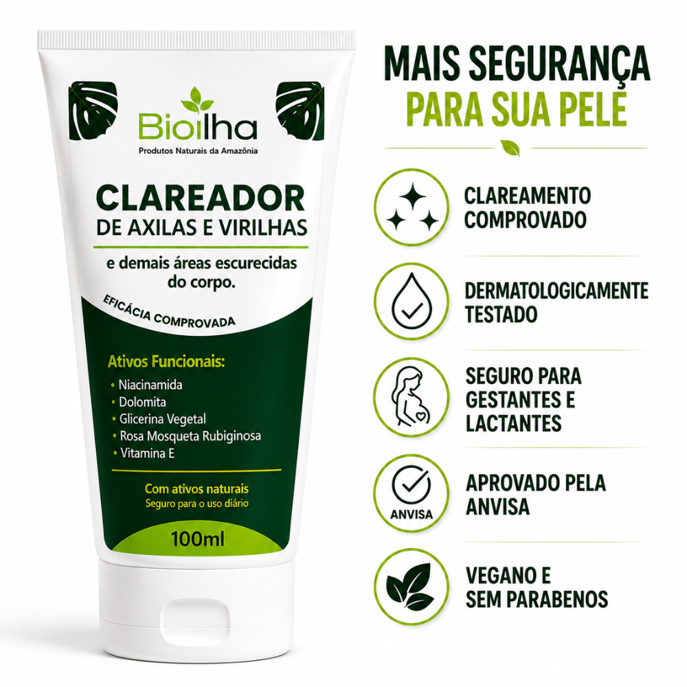 Creme Clareador Íntimo Bioilha | Axilas, Virilha, Manchas Escuras | Niacinamida + Dolomita | 100g
