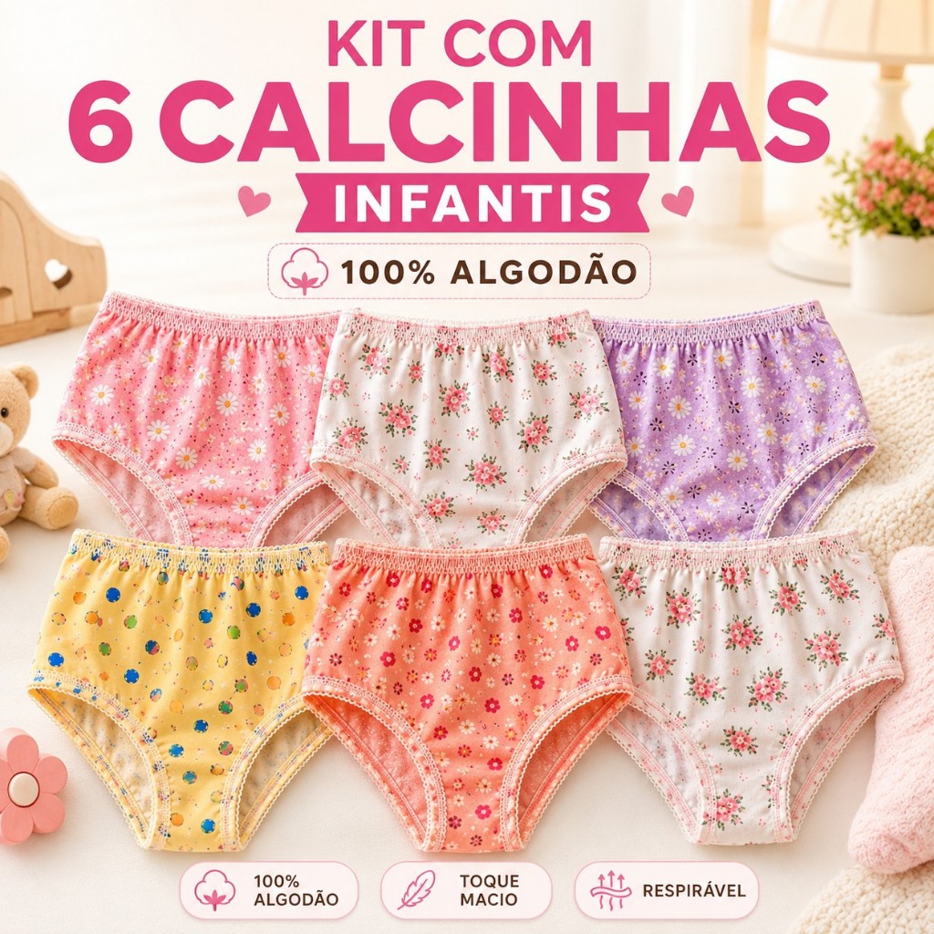 Kit 6 Calcinhas Infantil Menina 100% Algodão Estampas Sortidas Confortáveis