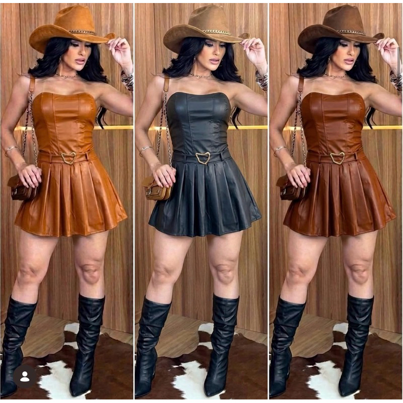Vestido Curto feminino Couro plissado Balada Festa Moda Inverno Rodeio tomara que caia Ana Castela