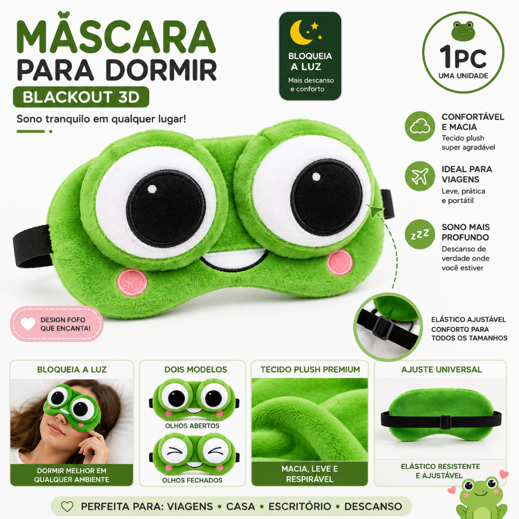 Máscara de Dormir Sapinho 3D Blackout Ajustável para Viagem e Descanso