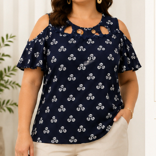 [Brechó] Blusa Feminina Azul Marinho Estampada Manga Curta Com Recorte No Ombro Casual Bazar Desapego Achadinhos