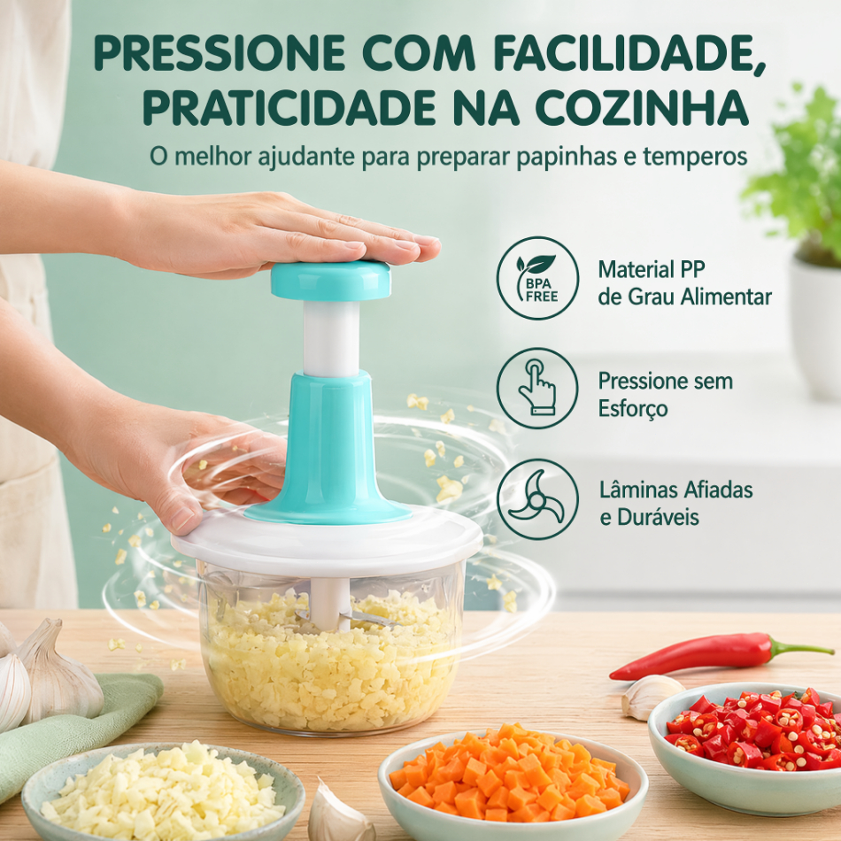 Processador Manual de Alimentos com Pressão Lâminas Aço Inox Picador de Alho Cebola Legumes Papinha Bebê