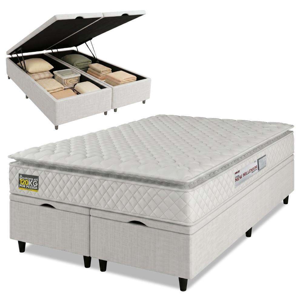 Cama Box Baú Casal Queen Colchão Espuma D33 Pillow Top New Millenium 158x198x60cm Branco Hellen