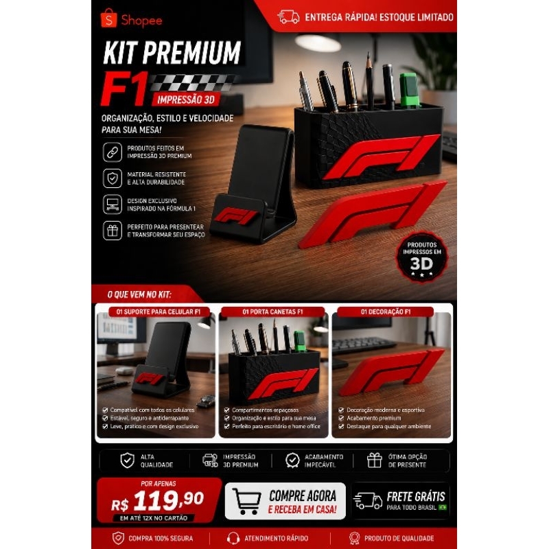 🏎️ Kit Premium F1 Completo – Impressão 3D | Suporte para Celular + Porta Canetas + Placa Decorativa