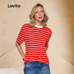 Lovito Camiseta Casual Listrada Vermelha Gola Contraste Oversized Moda Feminina TSB18101840