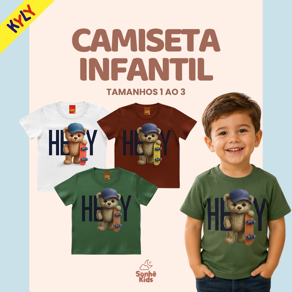 Camiseta Infantil Kyly Masculino Tamanho 1 a 3 anos Estampa Ursinho Diversas Cores