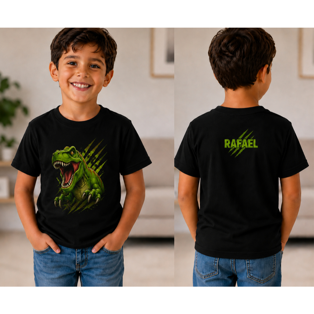 Camiseta Dinossauro Infantil Personalizada Nome nas Costas Super Confortável Algodão Qualidade Premium