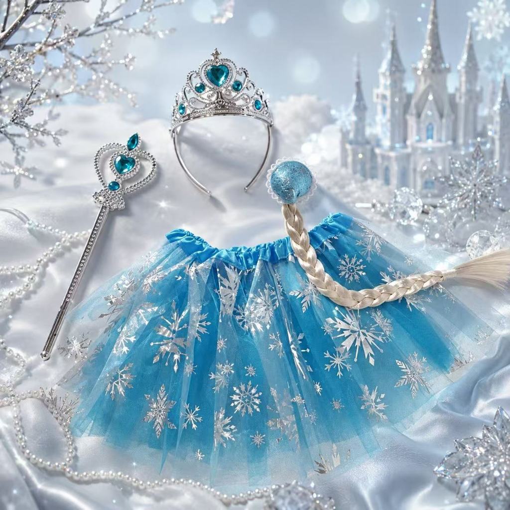 Kit 4 Fantasia Princesa Frozen Elsa Gelo Cabelo+Coroa+Varinha+Saia Cosplay/Festa/Helloween/Aniversário/Casamento