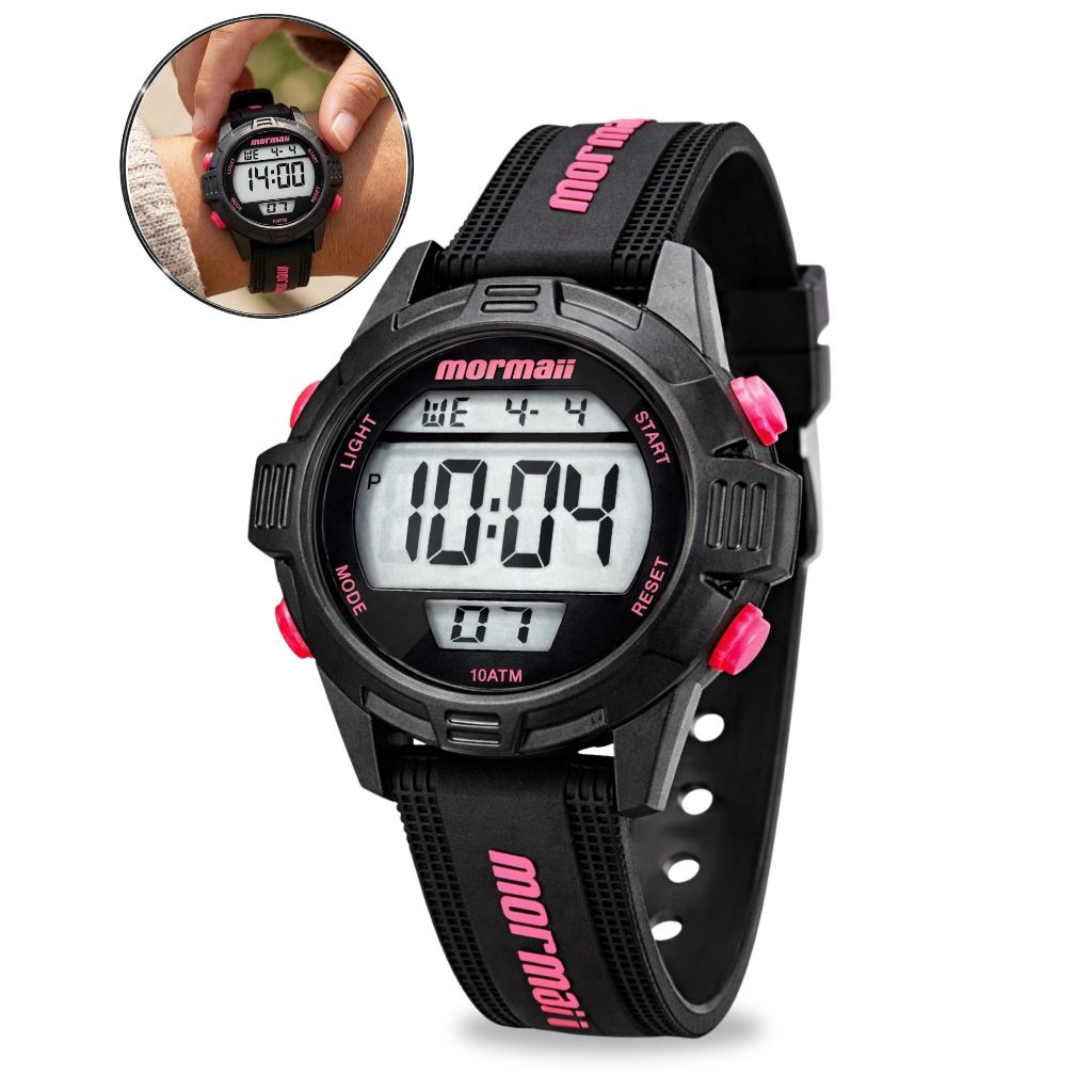 Relógio Mormaii Digital Feminino E Infantil Esportivo Preto Polímero e Silicone Á Prova d'Água 100 metros Original