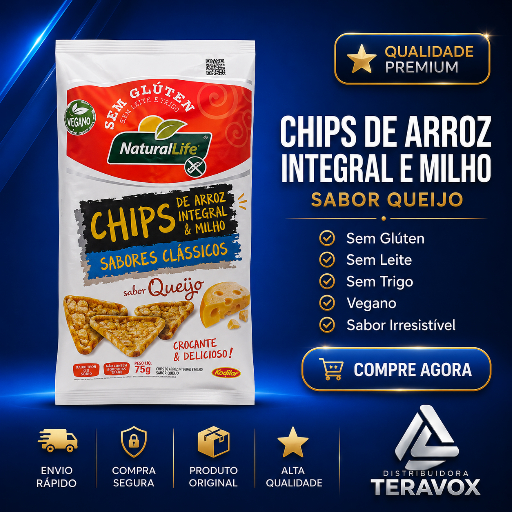 Chips Arroz Integral e Milho Natural Life 70g Sabor Queijo Snack Crocante