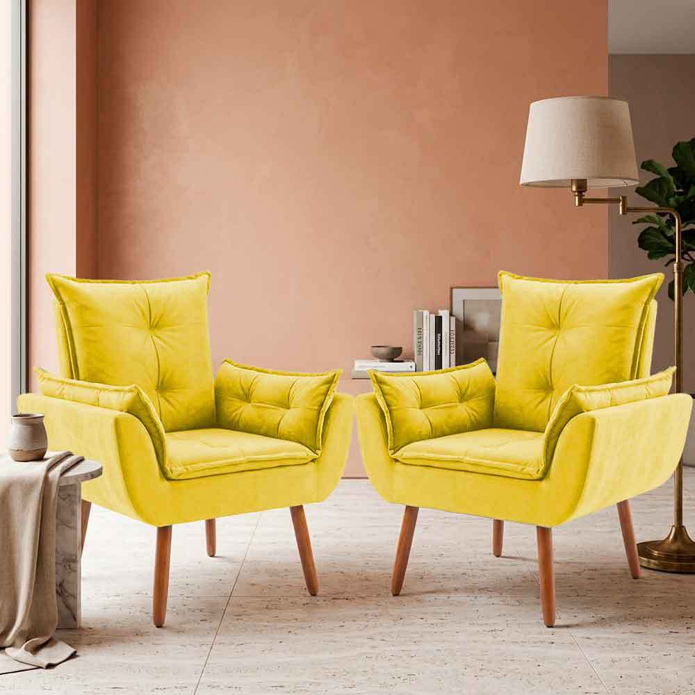Kit 2 Poltronas Suede Amarelo Pés Palito Castanho, Poltrona Decorativa Para Sala Recepção Escritório