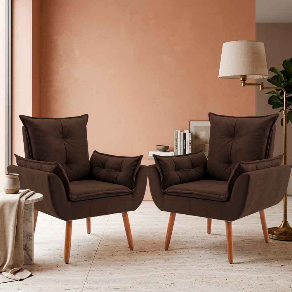 Kit 02 Poltrona Decorativa Opalla Pés Palito Premium Suede Marrom Brown Para Áre