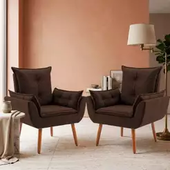 Kit 02 Poltrona Decorativa Opalla Pés Palito Premium Suede Marrom Brown Para Área de Espera
