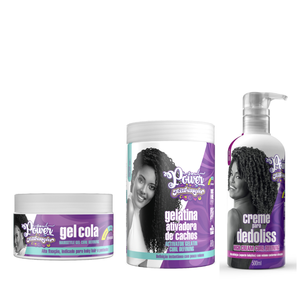 Kit Gel Cola + Gelatina 800g + Creme para Pentear Dedoliss 500ml Texturizações Soul Power