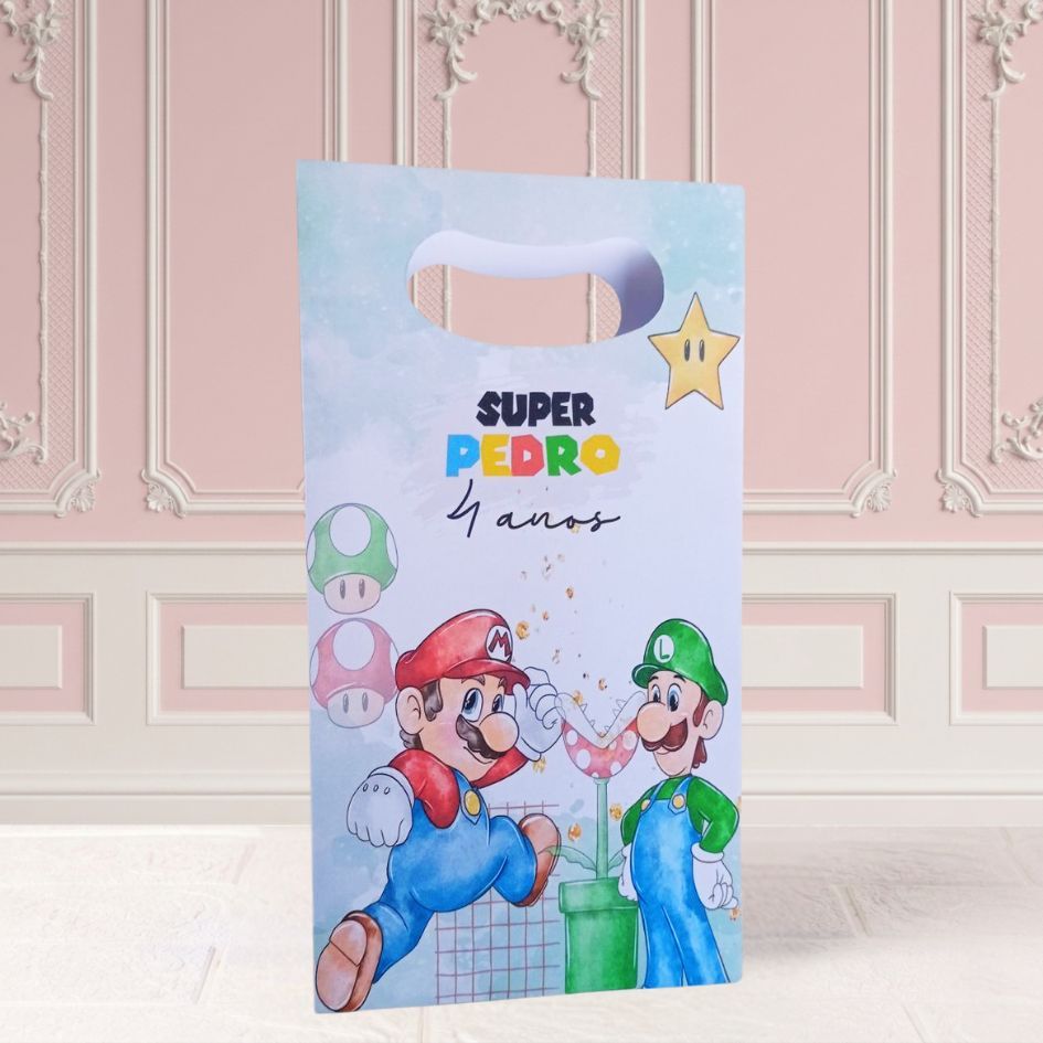 Sacola Personalizada Boca de Palhaço M SUPER MÁRIO AQUARELA Lembrancinha para festa Infantil DESMONTADA
