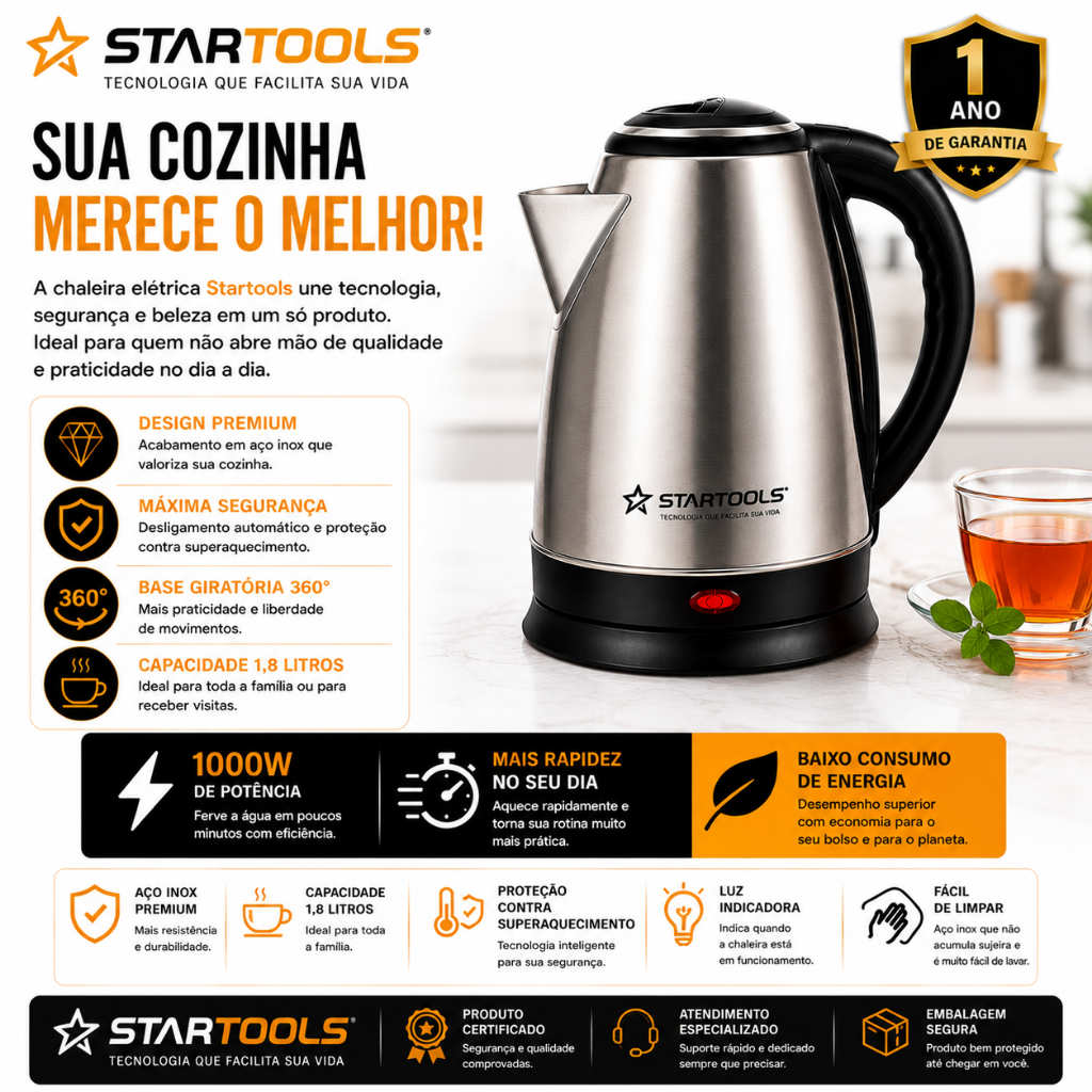 Chaleira Jarra Eletrica Inox 2 Litros Potencia 127V Aquecimento Rapido Design Moderno Cozinha Segura
