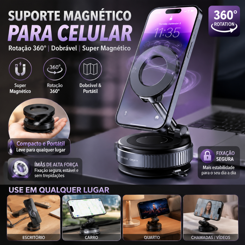 Suporte Magnético 360° para Celular com Ventosa Forte, Dobrável e Ajustável para Carro/Mesa Uso Universal