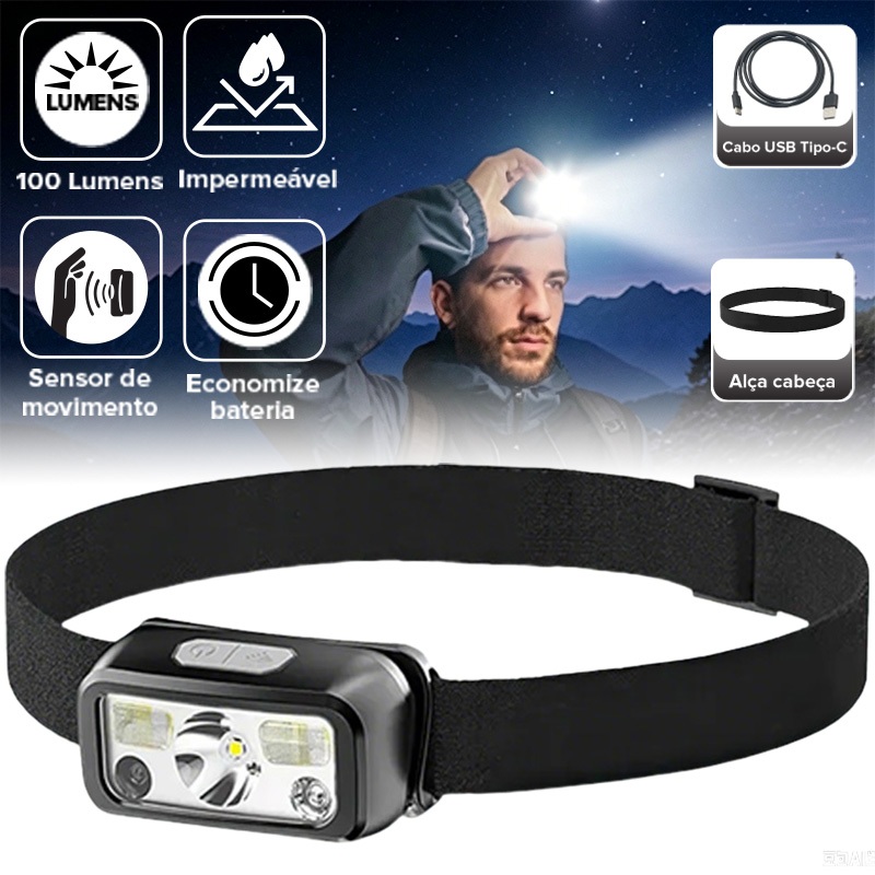 Lanterna de cabeça com sensor de movimento LED potente recarregável ajustável de 360° 5 modes