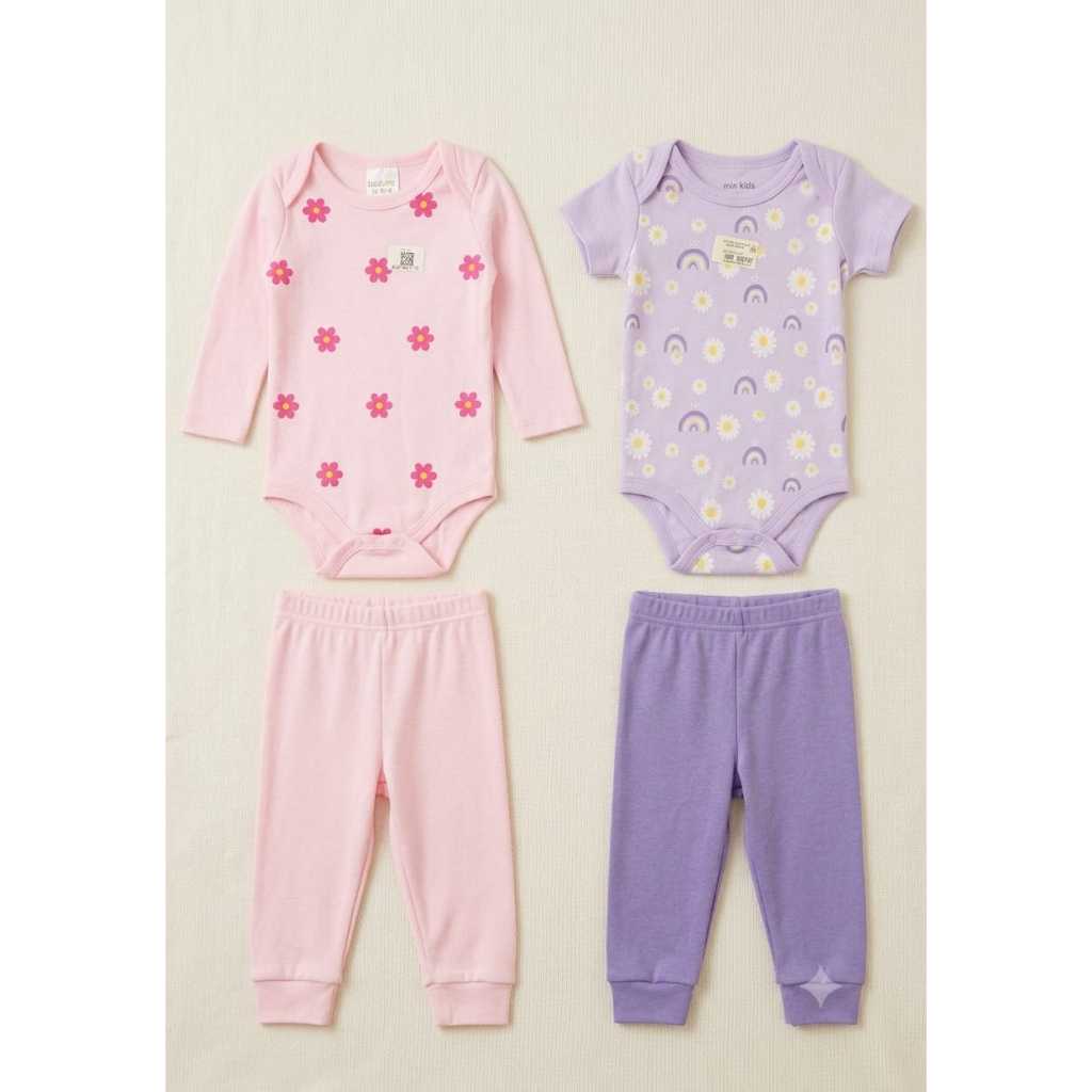 Kit 6 peças 3 Conjuntos Bebê Menina 3 Bodys  Manga Longa e 3 Calças Com Punho Mijão - Cores e Estampas Sortidas
