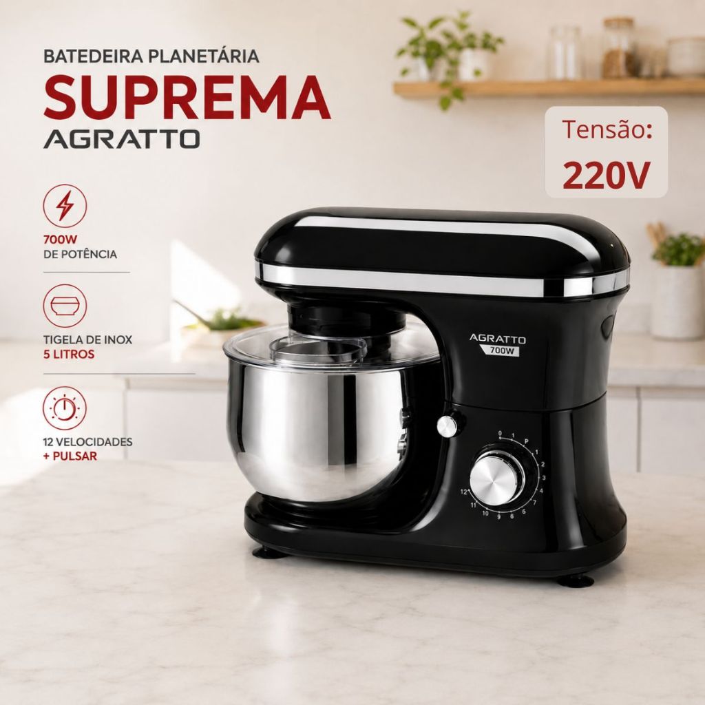 Batedeira Planetária Supremma Preta 5 litros 700W Agratto 220V