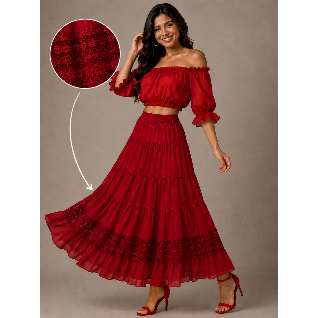 Saia Roupa Religiosa Vermelha de Umbanda Candomblé Saia Feminina Navalha em Chiffon modelo de luxo