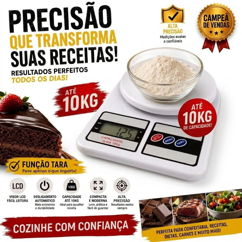 Balança Digital De Cozinha 10Kg Alta Precisão LCD Eletrônica Função Tara Pesador De Alimentos Confeitaria Receitas Dieta