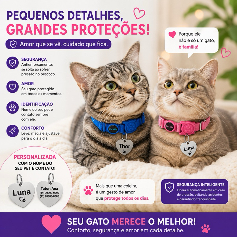 Coleira Gato Antienfrocamento Personalizada | Nome e Telefone | Fecho Antienforcamento - Pingente Coração
