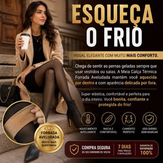 Meia Calça Térmica Forrada Aveludada  Preta Feminina Super Elástica Translúcida