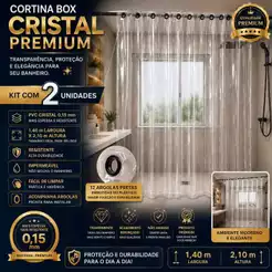 Kit 2 Cortinas Box Banheiro Cristal Transparente PVC 0,15mm 1,40x2,10 Reforçada Premium Alta Durabilidade