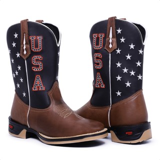 Botas Texana Masculina Bota Country Bordado Texas Usa Bandeira Americana Bico Quadrado Cano Medio Tx